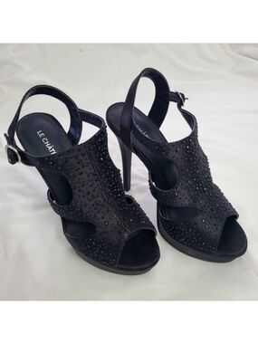 Le Chateau Black Satin Rhinestone Peep Toe Platform Heels Women's Size 7